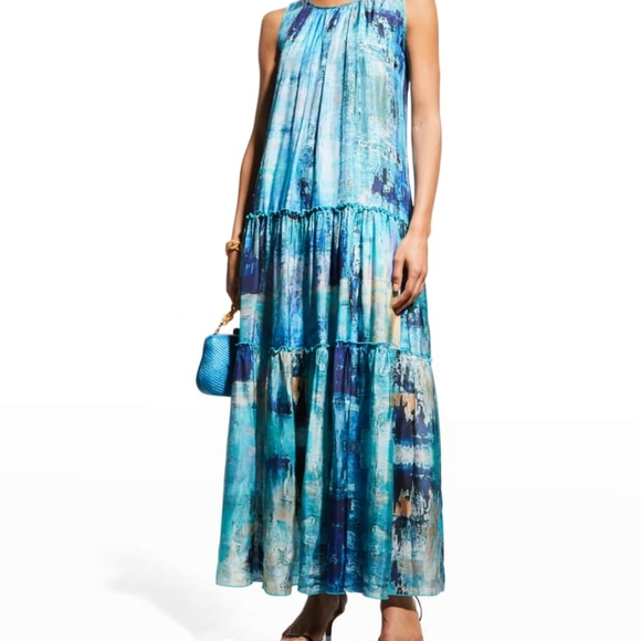 Johnny Was Mint Silk Tiered Maxi Dress sz sm - Picture 7 of 7